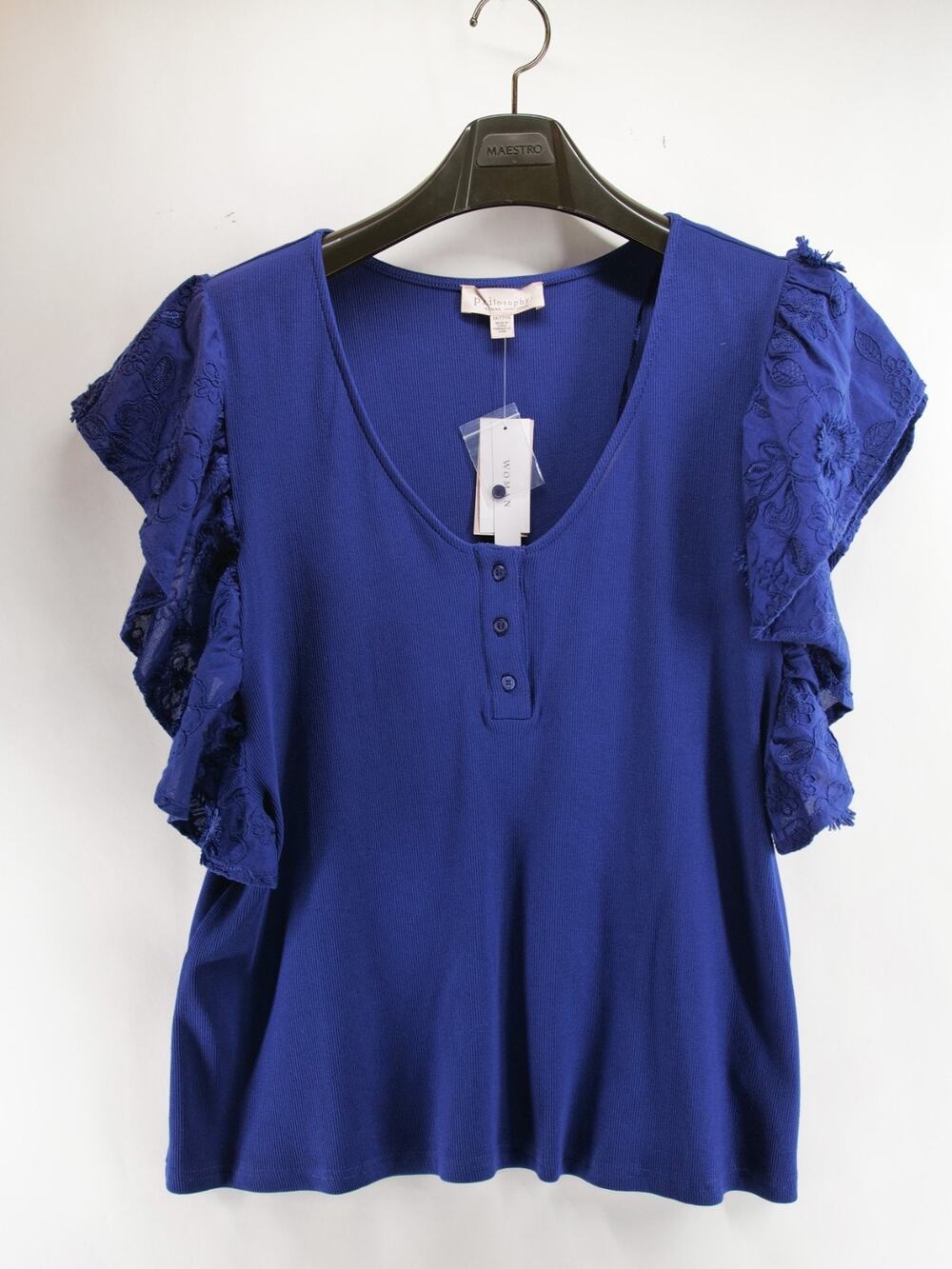 Philosophy NWT Woman Plus Sz 3X Royal Blue Henley Ruffle Eyelet Sleeve Top Shirt